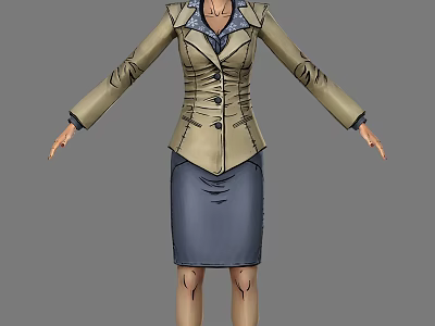 Woman Wearing Tailored Beige Blazer Blue Shirt And Blue Skirt Office Attire 3d model