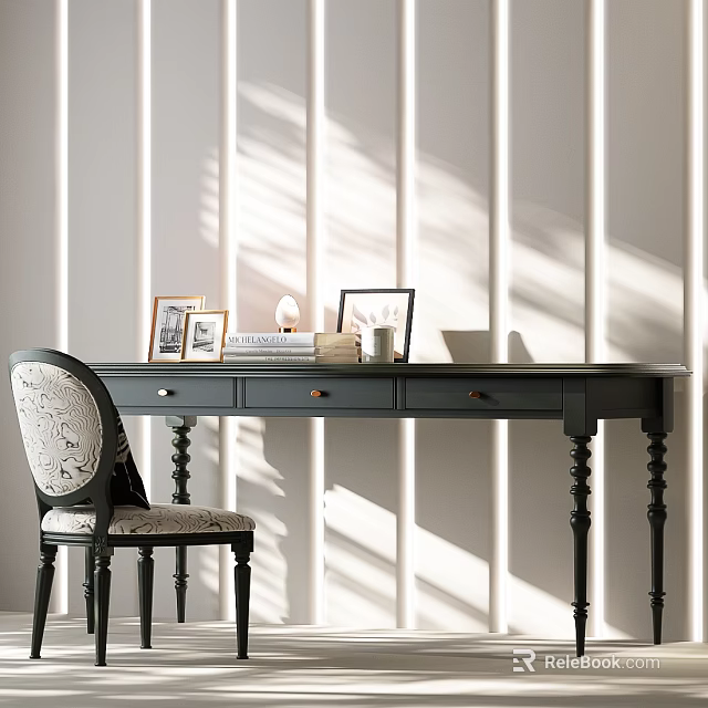 Dark Desk with Vintage Legs Patterned Chair Photo Frames Books Lamp in Light Shadow Background 3d model 