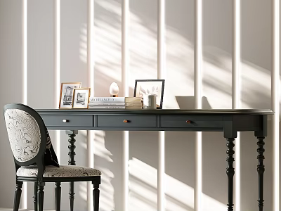 Dark Desk with Vintage Legs Patterned Chair Photo Frames Books Lamp in Light Shadow Background 3d model