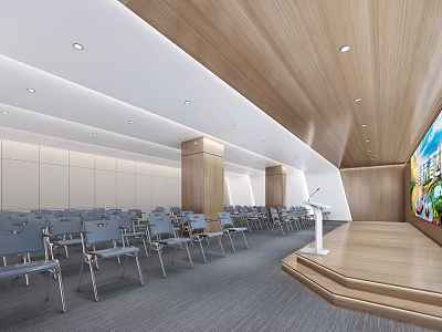 Modern Conference Room Interior With Gray Chairs Wooden Podium Microphone And Large Screen 3d model