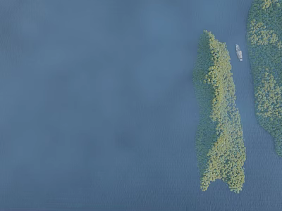 Scenic View of Blue Water with Green Vegetation Area and Small Boat 3d model