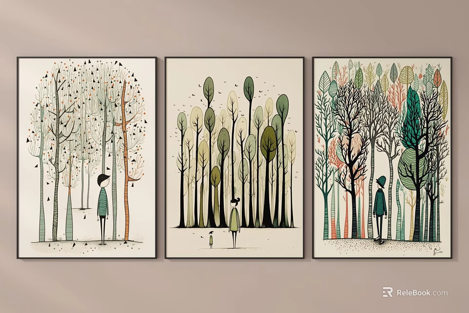 Three Wall Art Paintings Featuring Stylized Trees And Small Figures In Various Colors 3d model 