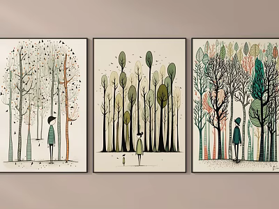 Three Wall Art Paintings Featuring Stylized Trees And Small Figures In Various Colors 3d model