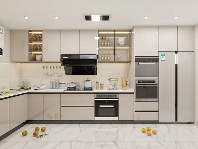 Modern Kitchen With White Cabinets Marble Countertops Island And Stainless Steel Appliances 3d model