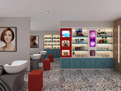 Beauty Hair Salon Interior With White Sinks Red Stools Blue Cabinets And Hair Products 3d model