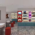 Beauty Hair Salon Interior With White Sinks Red Stools Blue Cabinets And Hair Products