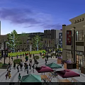 Vibrant Commercial Street With Modern Buildings Crowded Pedestrians Outdoor Tables And Neon Signs At Evening