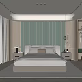 Modern Bedroom Interior Design With Green Padded Headboard Wall Wooden Wardrobe And Hanging Lamp