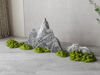Indoor Stone Wood Mountain Sculpture With Green Moss And Grass Accents 3d model