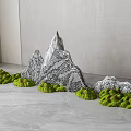 Indoor Stone Wood Mountain Sculpture With Green Moss And Grass Accents
