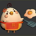 Cartoon Chicken Character In Red Apron With Fried Egg And Blue Spatula