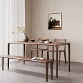 Minimalist Wooden Dining Table And Chairs Set With Bench Vase Fruit Bowls And Magazine