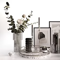 Stylish Decorative Ornament Combination With Framed Artworks Vases Flowers Modern Lamps And Sculptural Trays