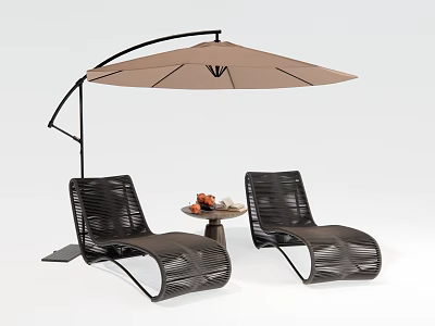 Two Black Lounge Chairs On Patio With Small Round Table And Umbrella 3d model