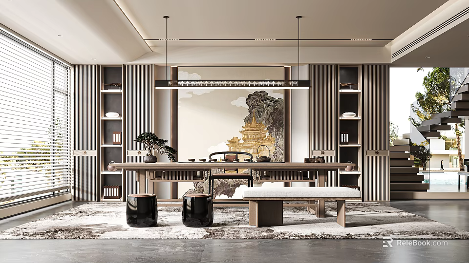 Elegant Modern Chinese Decorative Cabinet Interior With Multi Layer Shelves And Artwork 3d model