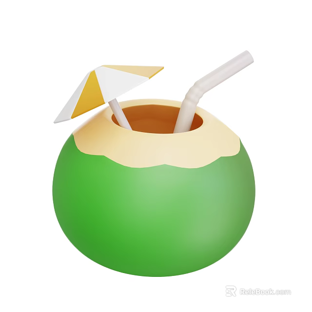 Refreshing Green Coconut Drink With Two Straws And Yellow White Umbrella 3d model 