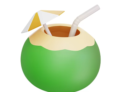 Refreshing Green Coconut Drink With Two Straws And Yellow White Umbrella 3d model