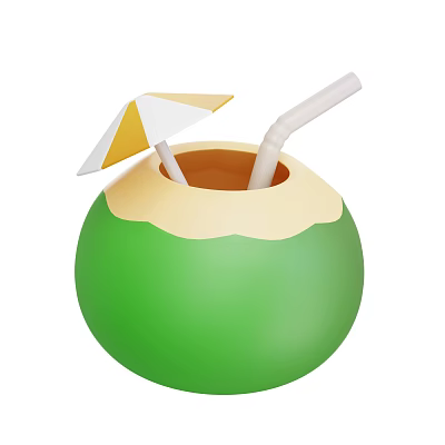 Refreshing Green Coconut Drink With Two Straws And Yellow White Umbrella 3d model