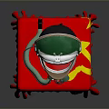 White and Green Helmet with Transparent Visor on Red Tablecloth with Yellow Hammer Sickle Symbol