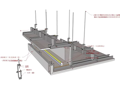Suspended Ceiling Structure With Main Keel Crossbar And Gypsum Board Installation 3d model