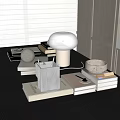 Organized Desk Setup With Stack Of Books Modern Table Lamp Pen Holder And Ceramic Bowl