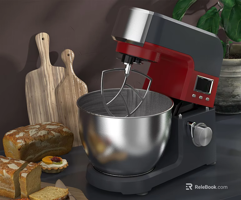 Red Black Stand Mixer With Stainless Steel Bowl Wooden Cutting Boards And Fresh Bread 3d model 
