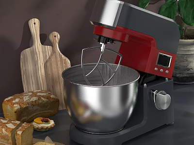 Red Black Stand Mixer With Stainless Steel Bowl Wooden Cutting Boards And Fresh Bread 3d model