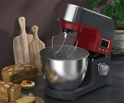 Red Black Stand Mixer With Stainless Steel Bowl Wooden Cutting Boards And Fresh Bread 3d model