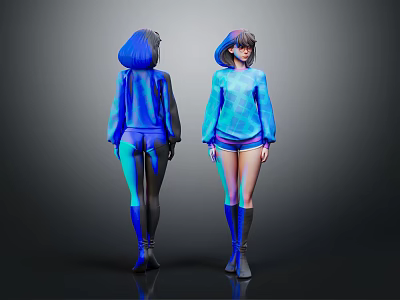 Two Women In Blue Outfits Short Skirts Long Socks With Glowing Details Back Front View 3d model