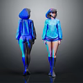Two Women In Blue Outfits Short Skirts Long Socks With Glowing Details Back Front View