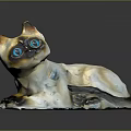 Siamese Cat With Blue Eyes And White Brown Fur Lying Ceramic Figurine On Dark Surface
