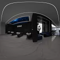 Modern Hair Salon Interior Features White Wash Basins Black Walls Starry Ceiling And Blue Sofas