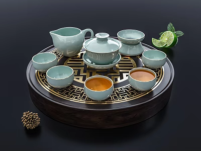 Celadon Tea Set with Teapot Lid Bowl Small Cups on Dark Wooden Carved Tray 3d model