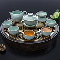 Celadon Tea Set with Teapot Lid Bowl Small Cups on Dark Wooden Carved Tray