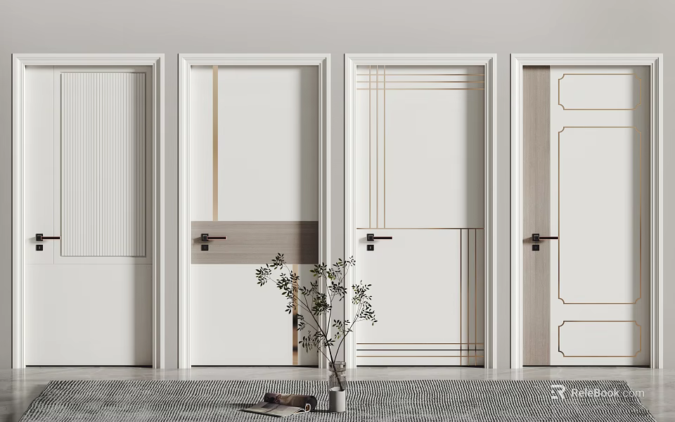 Modern White Swing Doors With Line Decorations Various Styles For Home Interior Design 3d model