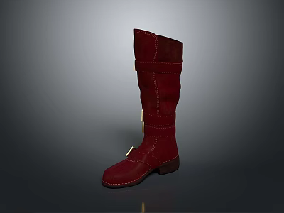 Red Knee High Fashion Boots With Stitched Detail And Brown Sole 3d model