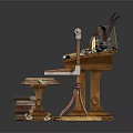 Vintage Wooden Desk Setup With Books Table Lamp Plant Papers Stool And Metal Stand