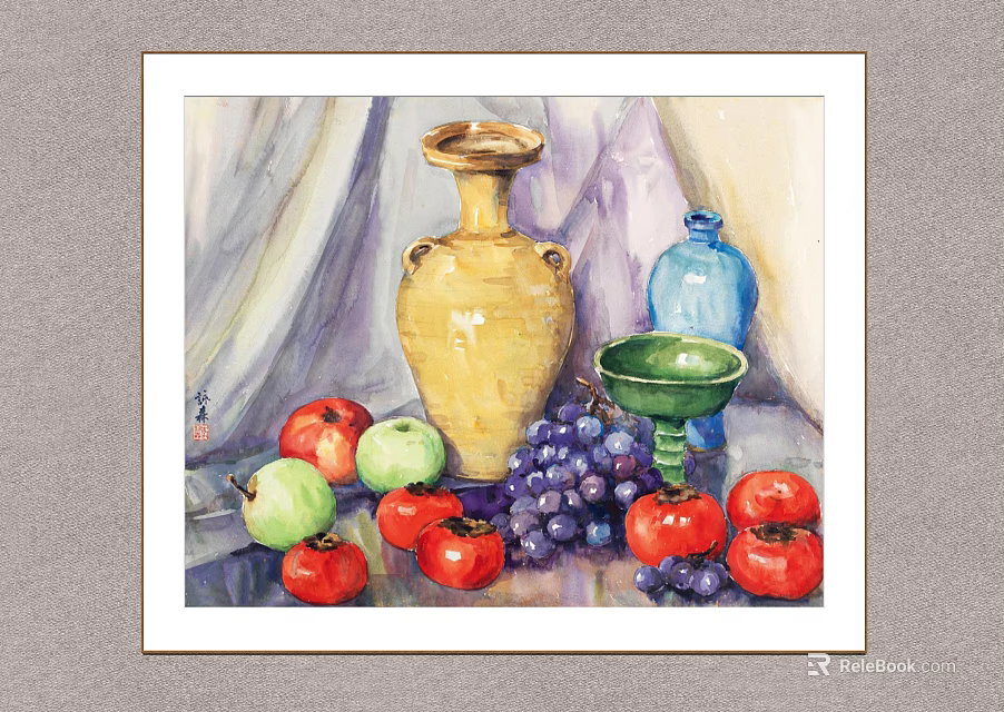 Still Life Painting With Clay Jar Blue Bottle Green Bowl And Fresh Fruits 3d model 