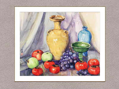 Still Life Painting With Clay Jar Blue Bottle Green Bowl And Fresh Fruits 3d model