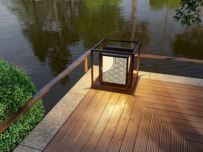 Chinese Style Square Outdoor Light on Wooden Deck with Railing Green Bushes and Water Surface 3d model