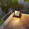 Chinese Style Square Outdoor Light on Wooden Deck with Railing Green Bushes and Water Surface