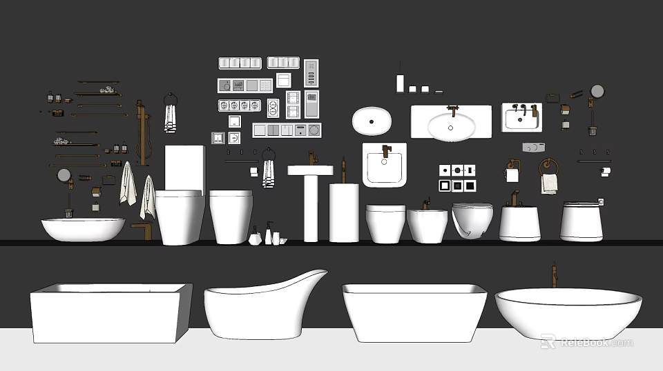 Modern Bathroom Set With Bathtubs Toilets Sinks Cabinets Towel Racks And Mirrors 3d model 