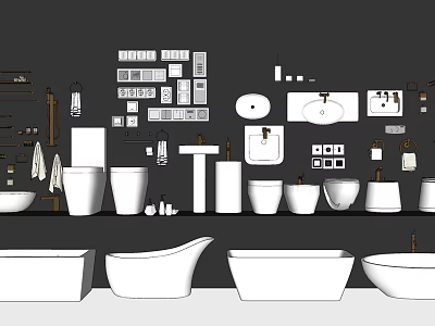 Modern Bathroom Set With Bathtubs Toilets Sinks Cabinets Towel Racks And Mirrors 3d model