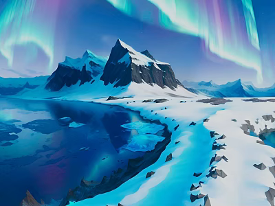 Scenic Snowy Mountain Landscape With Aurora Lights Glaciers And Frozen Lake 3d model