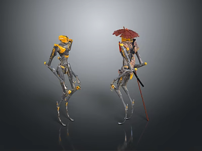 Metallic Robot Characters With Yellow Head And Red Umbrella Accessory Design 3d model