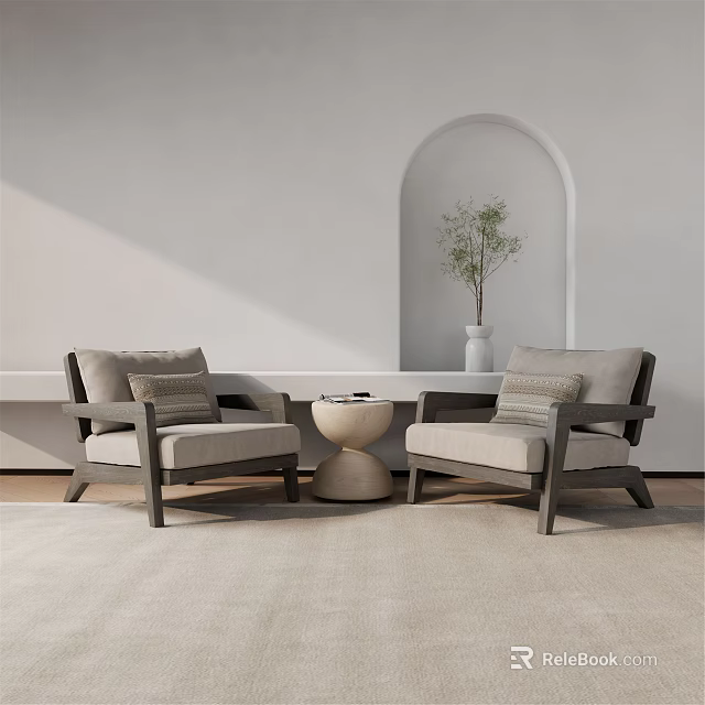 Light Beige Leisure Sofa Set With Round Side Table Arched Niche And Potted Plant 3d model 