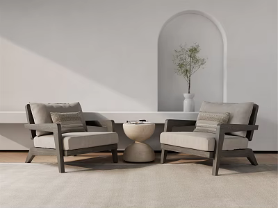 Light Beige Leisure Sofa Set With Round Side Table Arched Niche And Potted Plant 3d model