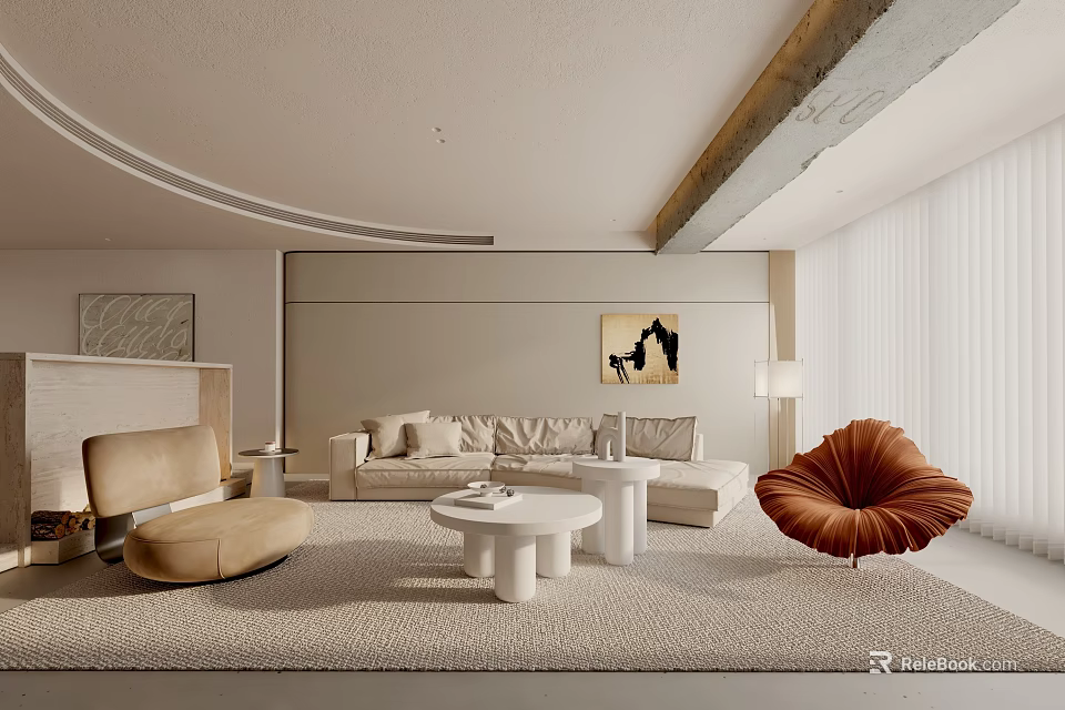 Modern Minimalist Living Room Interior With Beige Sofa Round Coffee Tables Orange Chair And Decorative Painting 3d model 