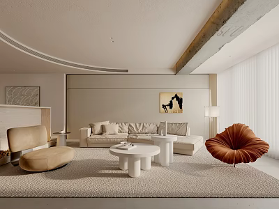 Modern Minimalist Living Room Interior With Beige Sofa Round Coffee Tables Orange Chair And Decorative Painting 3d model