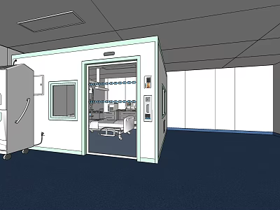Medical Isolation Cabin Interior Setup With Bed Medical Equipment And Cart 3d model